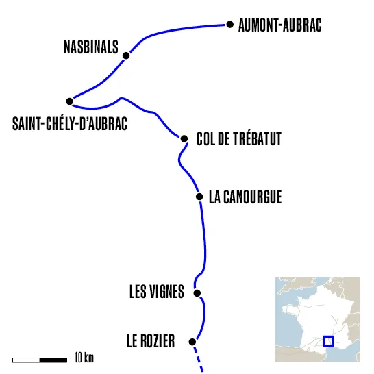 carte randonnée Aumont-Aubrac à le Rozier - chemin de Saint-Guilhem