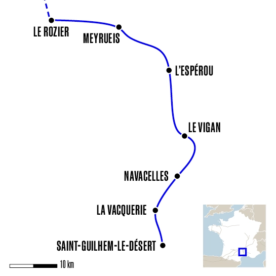 Carte du voyage Le Rozier à Saint-Guilhem-le-Désert - Chemin de Saint-Guilhem