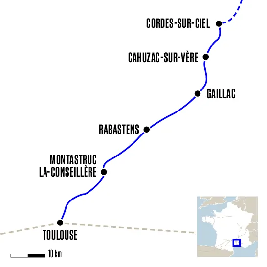 Carte du voyage De Cordes-sur-Ciel à Toulouse - Conques - Toulouse