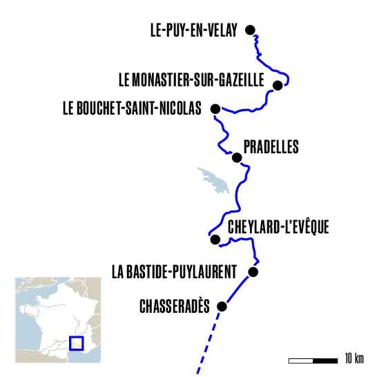 Carte du voyage Du Puy-en-Velay à Chasseradès - GR70 : Stevenson