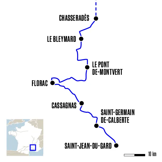 Carte du voyage Stevenson : de Chasseradès à Saint-Jean-du-Gard - GR70 : Stevenson