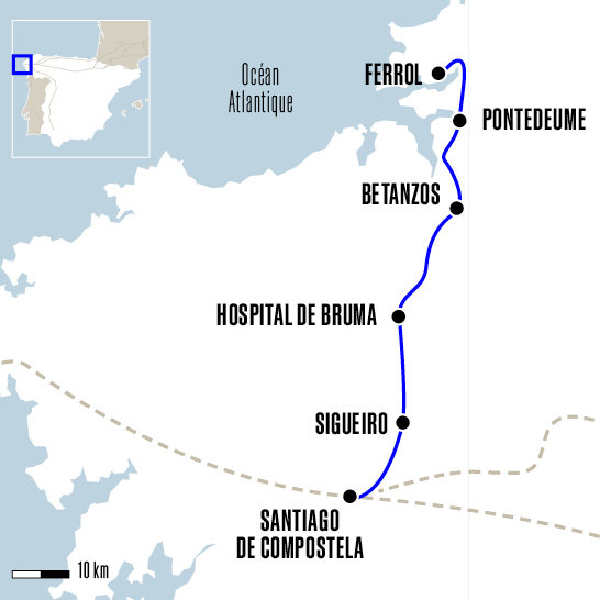 Carte du voyage De Ferrol à Santiago de Compostela - Camino Inglés