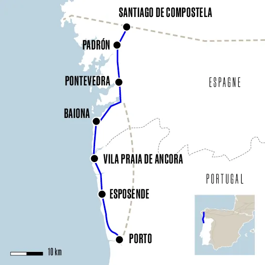 Carte du voyage De Porto à Santiago à vélo par le Caminho da Costa - Caminho Português