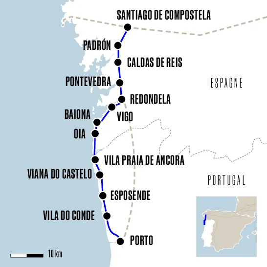 Carte du voyage De Porto à Santiago par le Caminho da Costa - Caminho Português