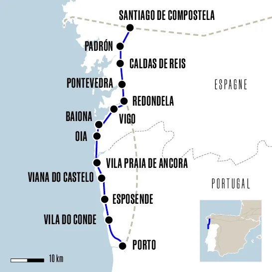 Carte Porto Santiago par la côte - Compostelle