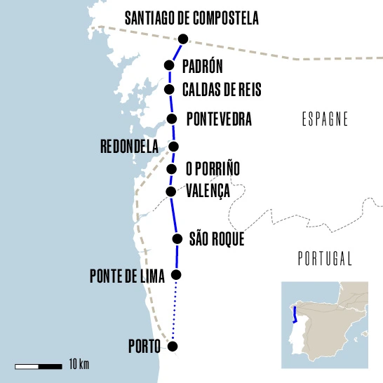 Carte du voyage De Ponte de Lima à Santiago - Caminho Central - Caminho Português