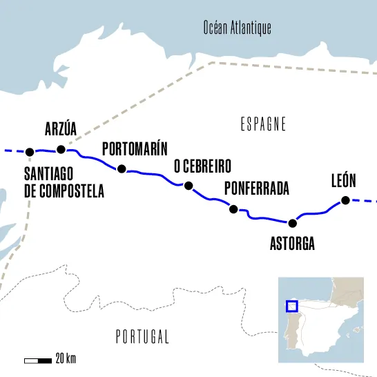 Carte du voyage De León à Santiago à vélo - Camino Francés