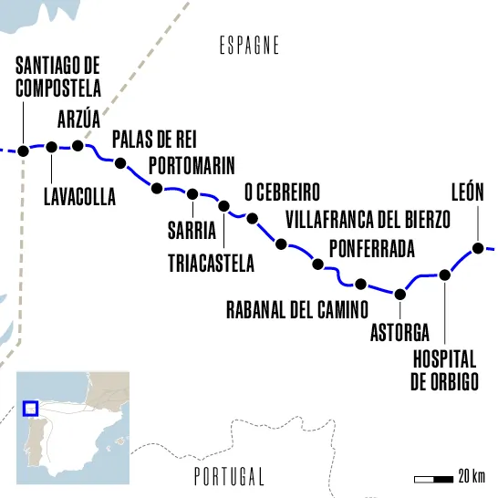 Carte du voyage De Léon à Santiago de Compostela - Camino Francés