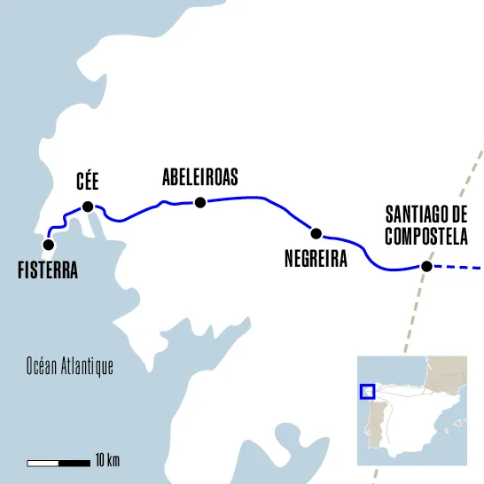 Carte du voyage De Santiago de Compostela à Finisterre - Camino Francés