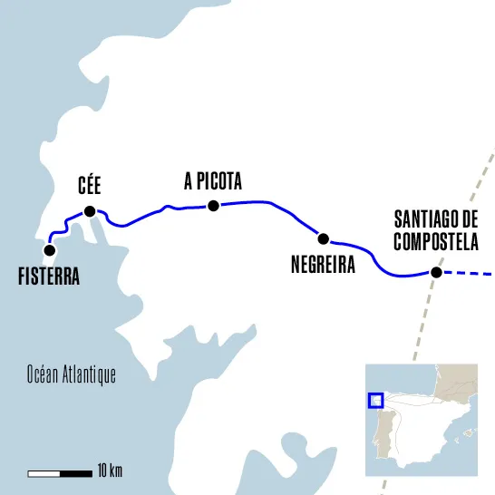 Carte du voyage De Santiago de Compostela à Finisterre - Camino Francés