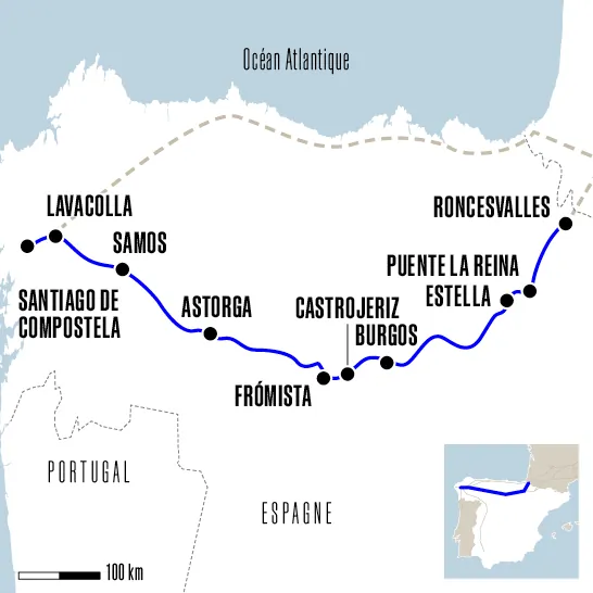 Carte intégrale chemin Camino Francés Compostelle