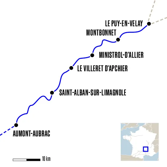 Carte du voyage Du Puy-en-Velay à Aumont avec un guide - Voie du Puy-en-Velay