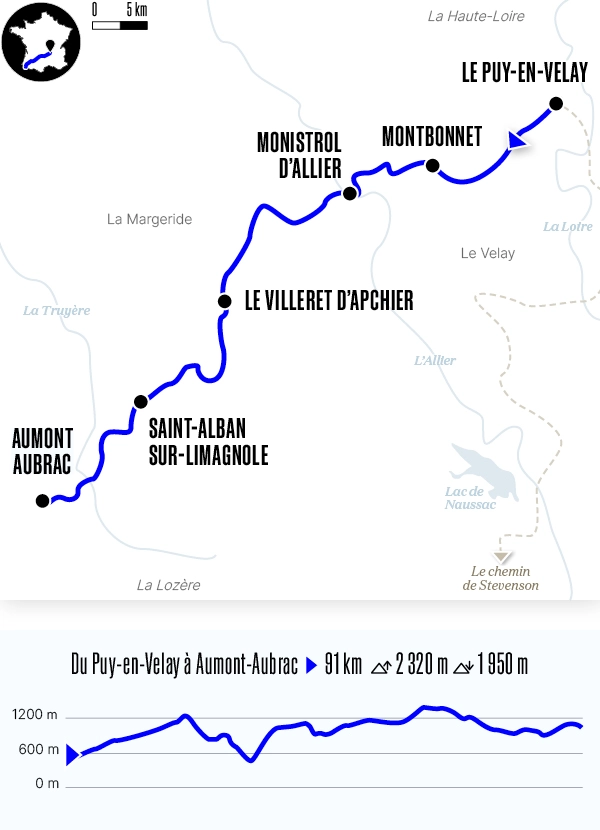 Carte du voyage Du Puy-en-Velay à Aumont avec un guide - Voie du Puy-en-Velay