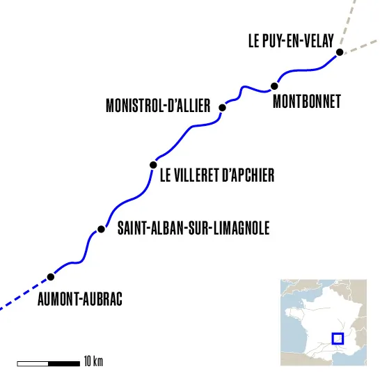 Carte du voyage Relaxation du Puy-en-Velay à Aumont-Aubrac avec un guide - Voie du Puy-en-Velay