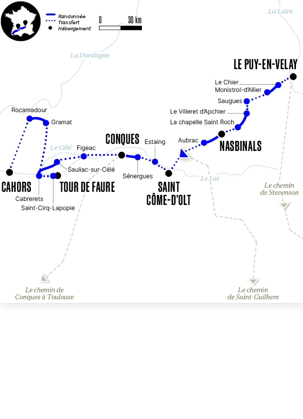 Carte du voyage Du Puy-en-Velay à Cahors : les incontournables - Voie du Puy-en-Velay