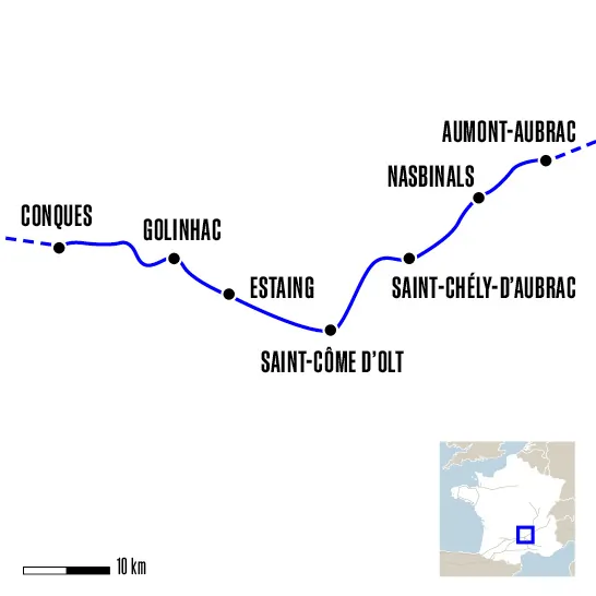 Carte du voyage D'Aumont Aubrac à Conques avec un guide - Voie du Puy-en-Velay