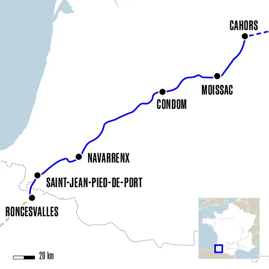 Carte du voyage De Cahors à Roncesvalles avec un guide - Voie du Puy-en-Velay