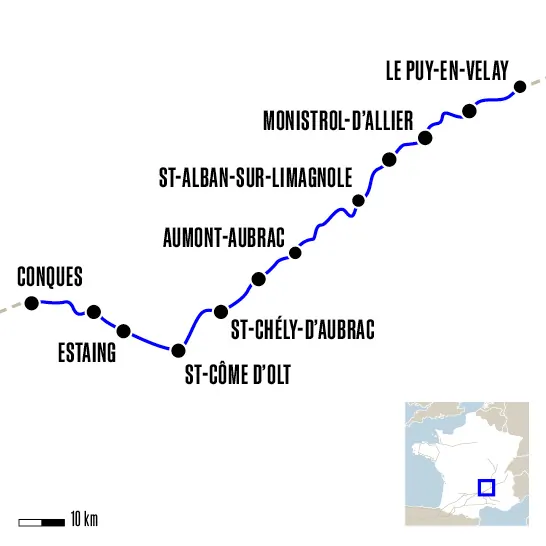 Carte randonnée du Puy-en-Velay à Conques Compostelle