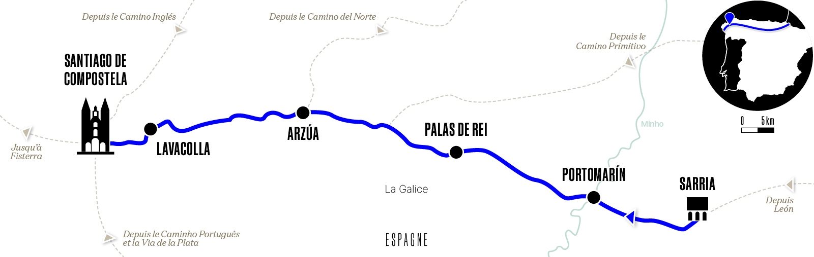 carte de l'itineraire saria-santiago, camino frances, compostelle