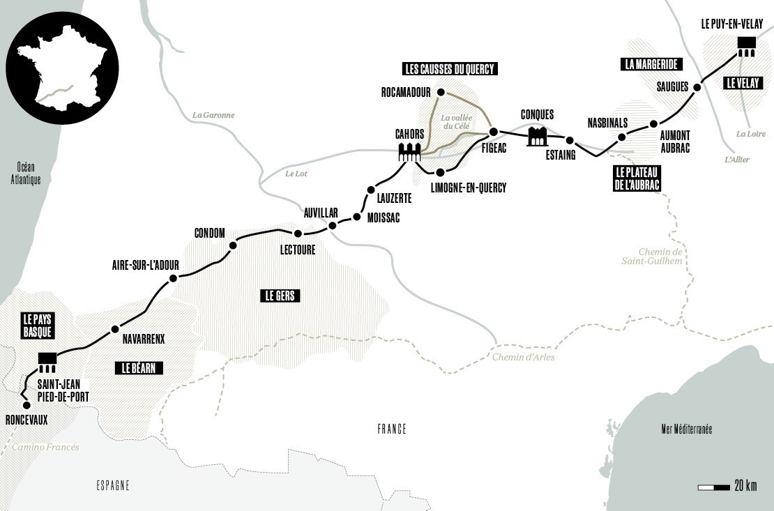 Carte Voie du Puy en Velay - GR65 Compostelle