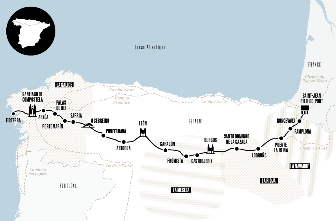 Carte du Camino Francés en Espagne