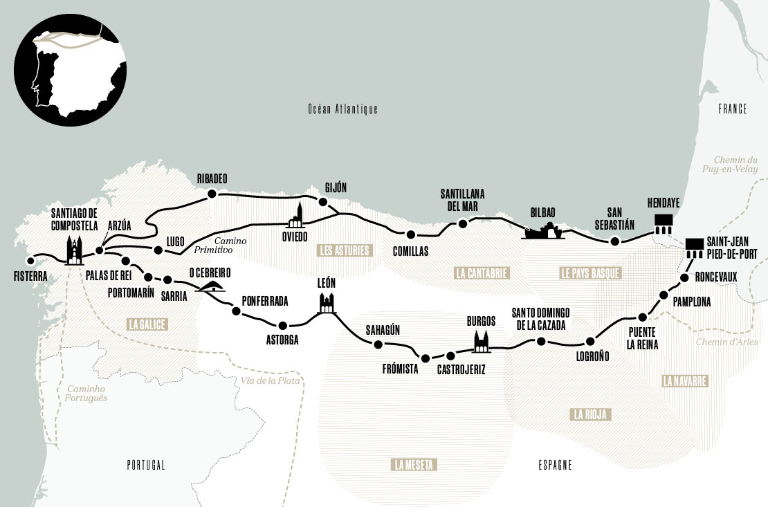 Carte du Camino Francés et Camino Norte 