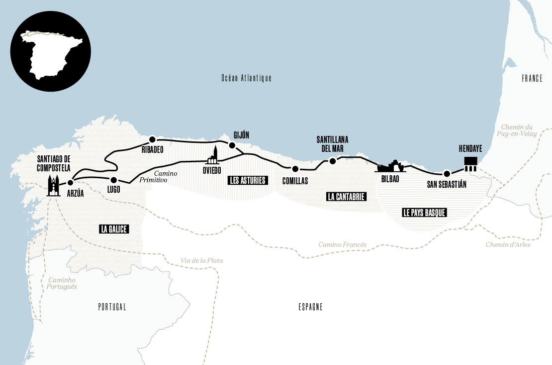 Carte du Camino Norte en Espagne 