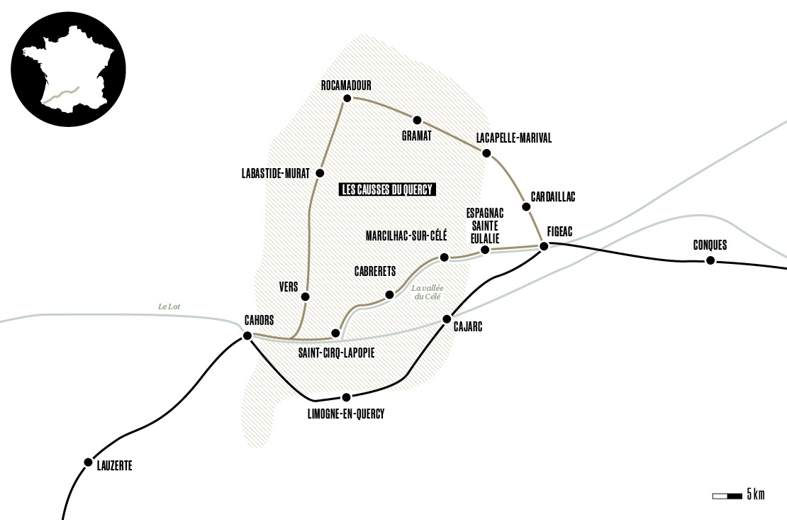 Carte des chemins de Compostelle entre Conques et Cahors